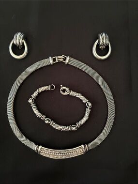 Sterling Silver @18 CT gold  Mesh Necklace and Twisted Bracelet Set - Silver
